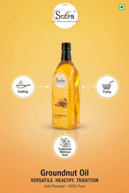 Premium quality 1-litre bottle of hot pressed groundnut oil from Sutrakart, made from A1 grade peanuts. Ideal for cooking, sautéing, and frying