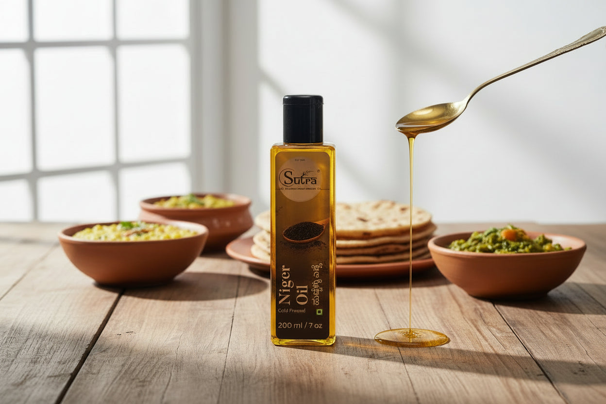 Bottle of Sutra Cold Pressed Niger Oil for Healthy diet