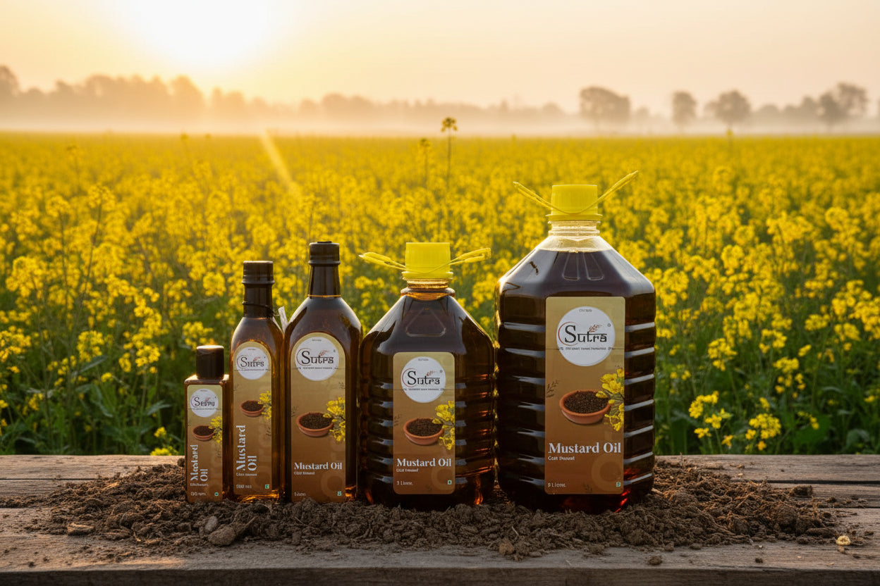 Collection of Sutras Mustard Oil bottles of different sizes 