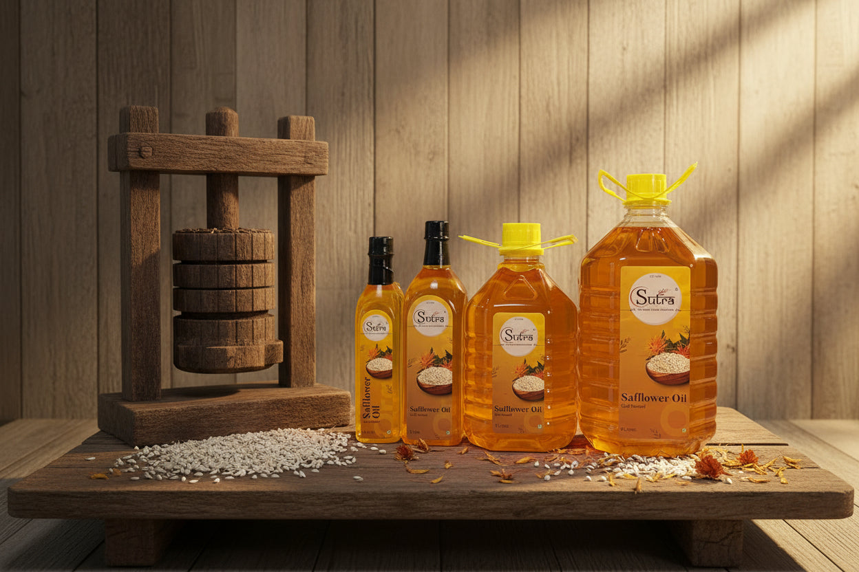 Four bottles of Sutra Safflower Oil on Traditional Background