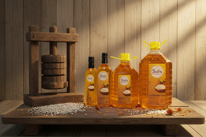 Four bottles of Sutra Safflower Oil on Traditional Background