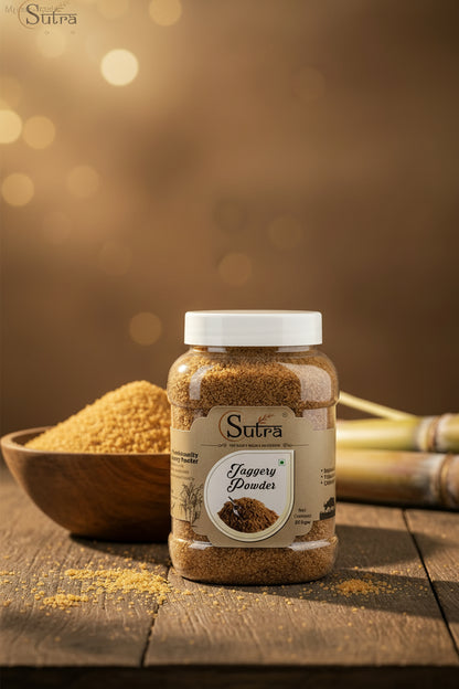 Delicious Natural Jaggery Powder jar for healthy sweetening, natural and unrefined organic product.