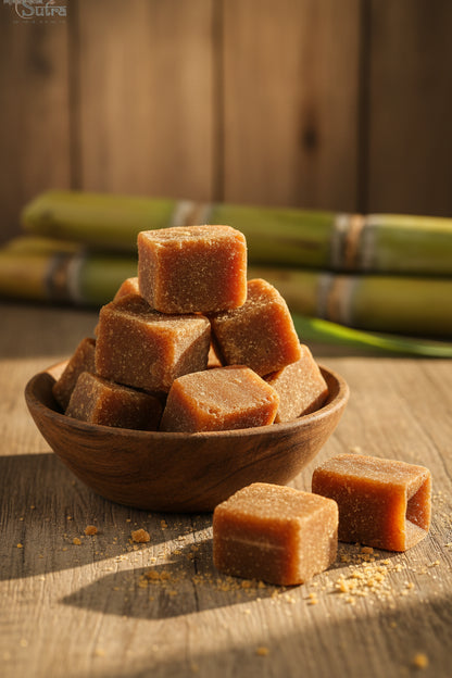 Delicious Natural Jaggery Powder cubes on a green tray natural sweetener for healthy living.