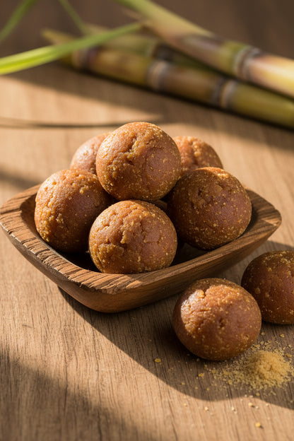 Delicious Natural Jaggery Powder balls on a yellow background, natural sweetener for healthy living.