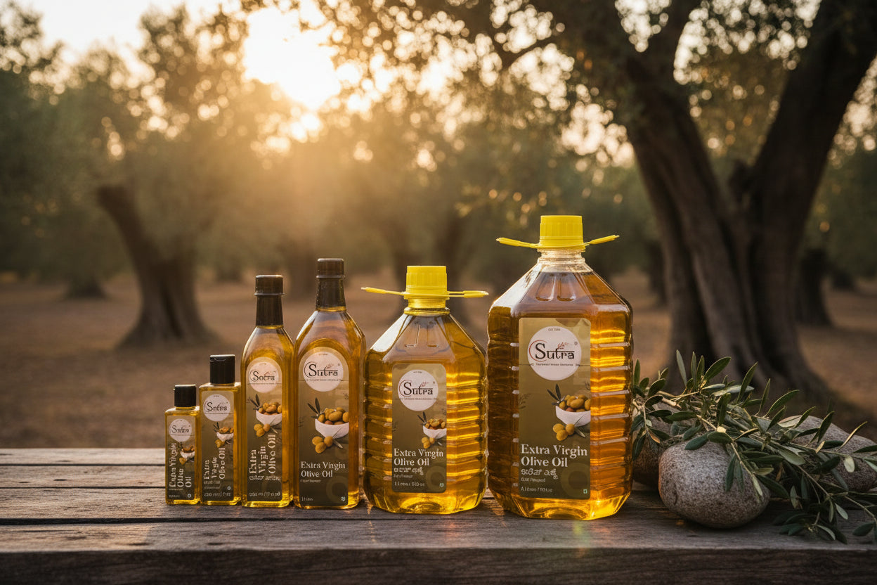Set of Sutra extra virgin olive oil bottles of different sizes 