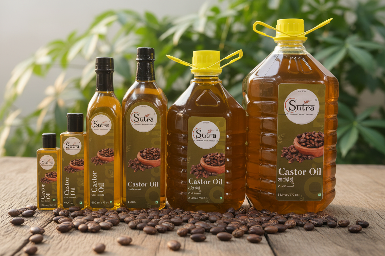 Collection of Sutra Castor Oil bottles in various sizes 
