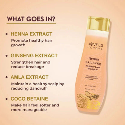 Jovees Henna & Ginseng Anti Hair Loss Shampoo bottle with key ingredient benefits listed.