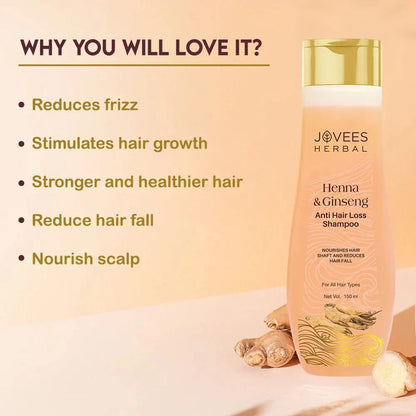 Jovees Henna & Ginseng Anti Hair Loss Shampoo bottle with benefits highlighted, including frizz reduction and hair strength.