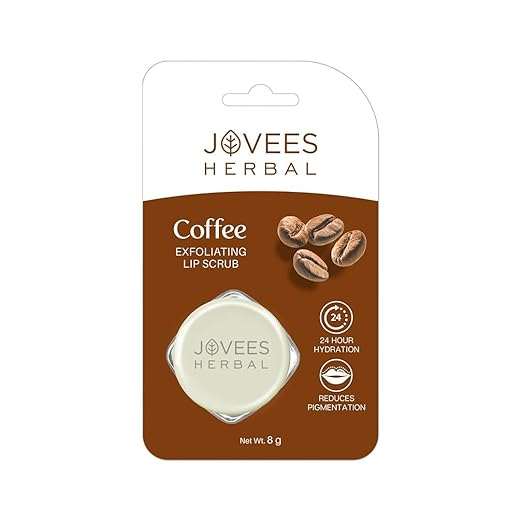 Jovees Coffee Lip Scrub packaging displaying product benefits for reducing pigmentation and enhancing lip hydration.