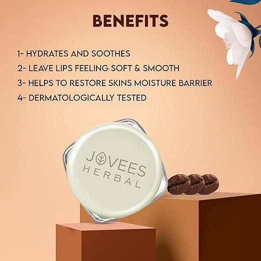 Jovees Coffee Exfoliating Lip Scrub packaging with benefits list.