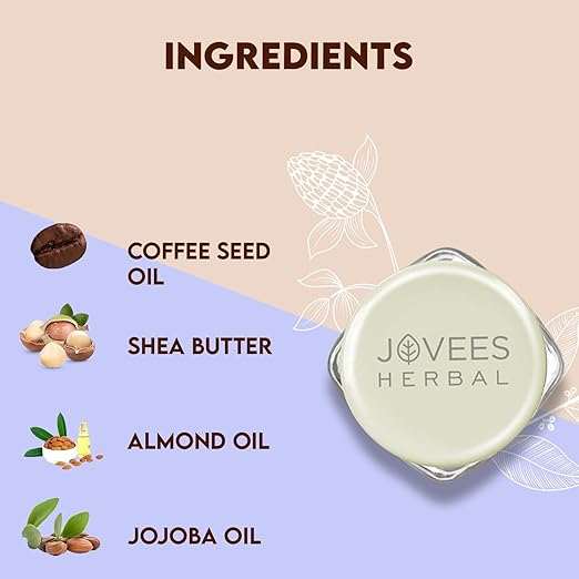 Jovees Coffee Exfoliating Lip Scrub with coffee seed oil, shea butter, almond oil, and jojoba oil ingredients.