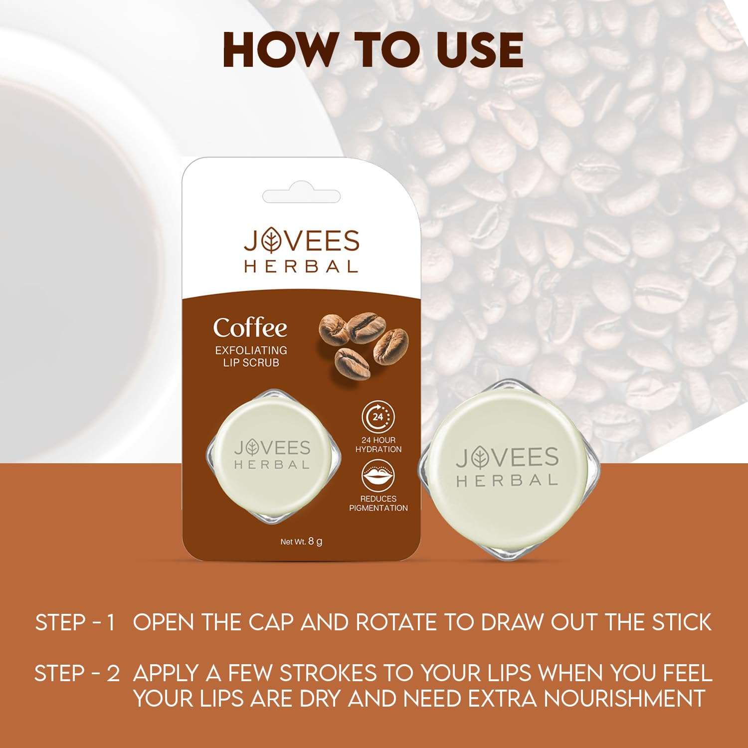 Jovees Coffee Exfoliating Lip Scrub packaging with instructions for smooth and radiant lips.