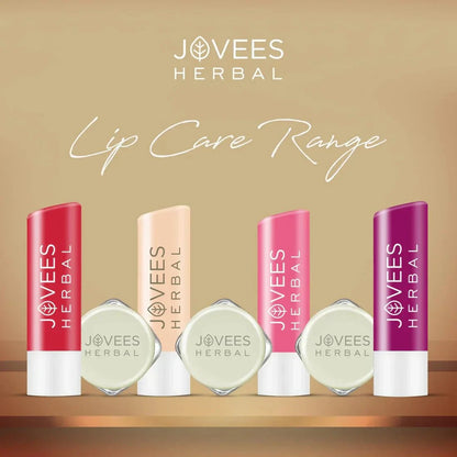 Jovees Herbal Shea Butter Healing Lip Balm range displayed in various shades for hydration and lip care.