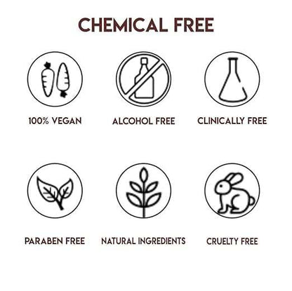 Chemical-free icons for Jovees Signature Kajal: 100% vegan, alcohol-free, clinically free, paraben-free, natural ingredients, cruelty-free.