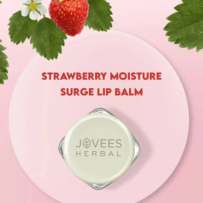 Jovees Strawberry Lip Balm packaging with strawberry and leaves, providing hydration and softness for lips.