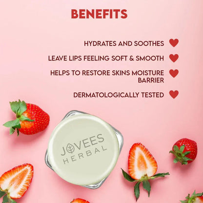 Jovees Strawberry Moisture Surge Lip Balm with hydrating and soothing benefits, featuring natural strawberry extract, ideal for soft, smooth lips.