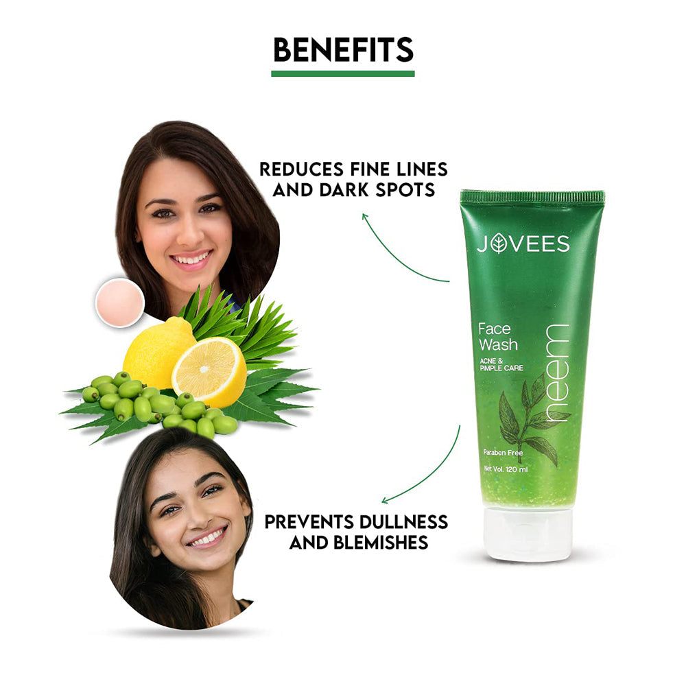 Jovees Natural Tea Tree Clearing Face Wash for acne-prone skin, featuring benefits of reducing fine lines, dark spots, and preventing dullness.