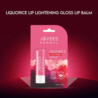Jovees Herbal Liquorice Lip Balm packaging against a pink background.