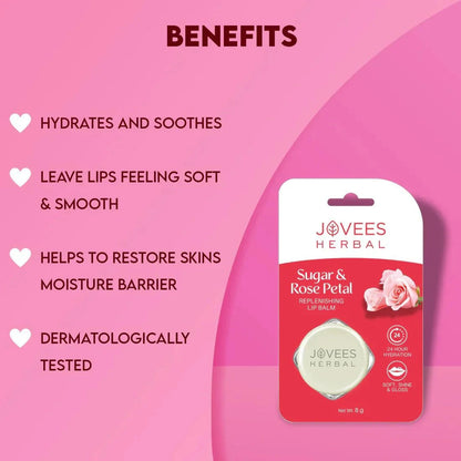 Jovees Sugar & Rose Petal Replenishing Lip Balm packaging with benefits highlighted: hydrates, softens, restores moisture, dermatologically tested.