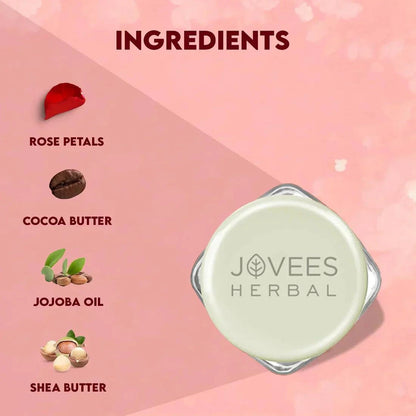 Jovees Sugar & Rose Petal Lip Balm with rose petals, cocoa butter, jojoba oil, and shea butter ingredients.