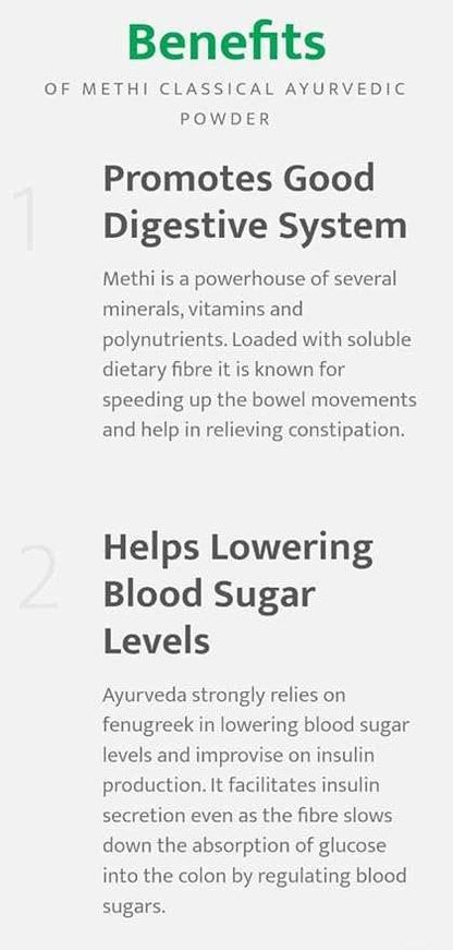 Benefits of Parijata Herbs Methi Powder for digestive health and blood sugar support.