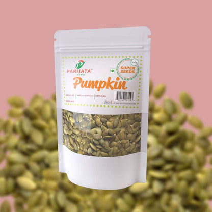 Parijata Herbs Pumpkin Seeds pack, nutrient-rich superfood.