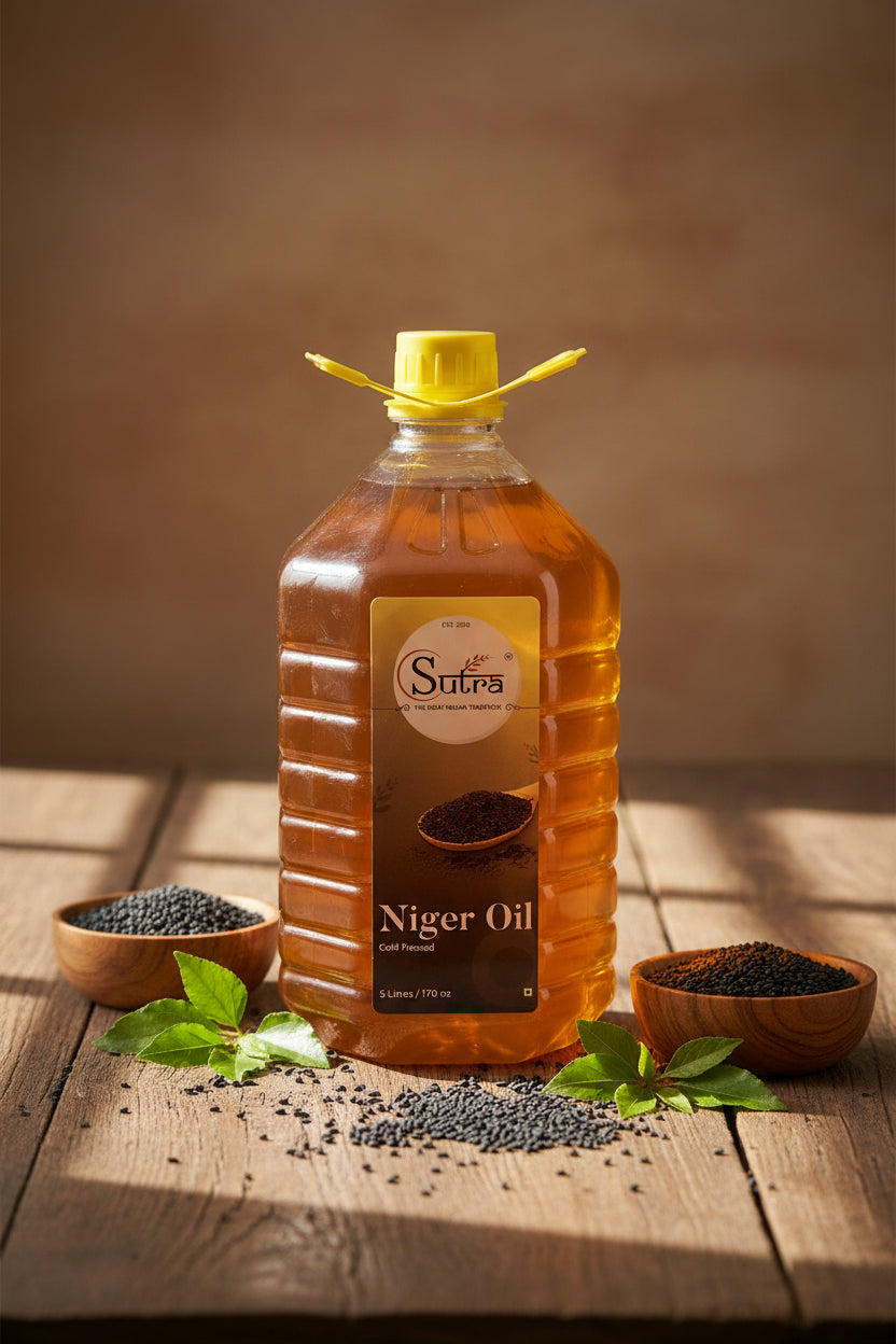 Bottle of Sutra Niger Oil with a yellow cap of 5 liter