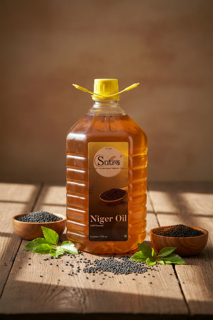 Bottle of Sutra Niger Oil with a yellow cap of 5 liter