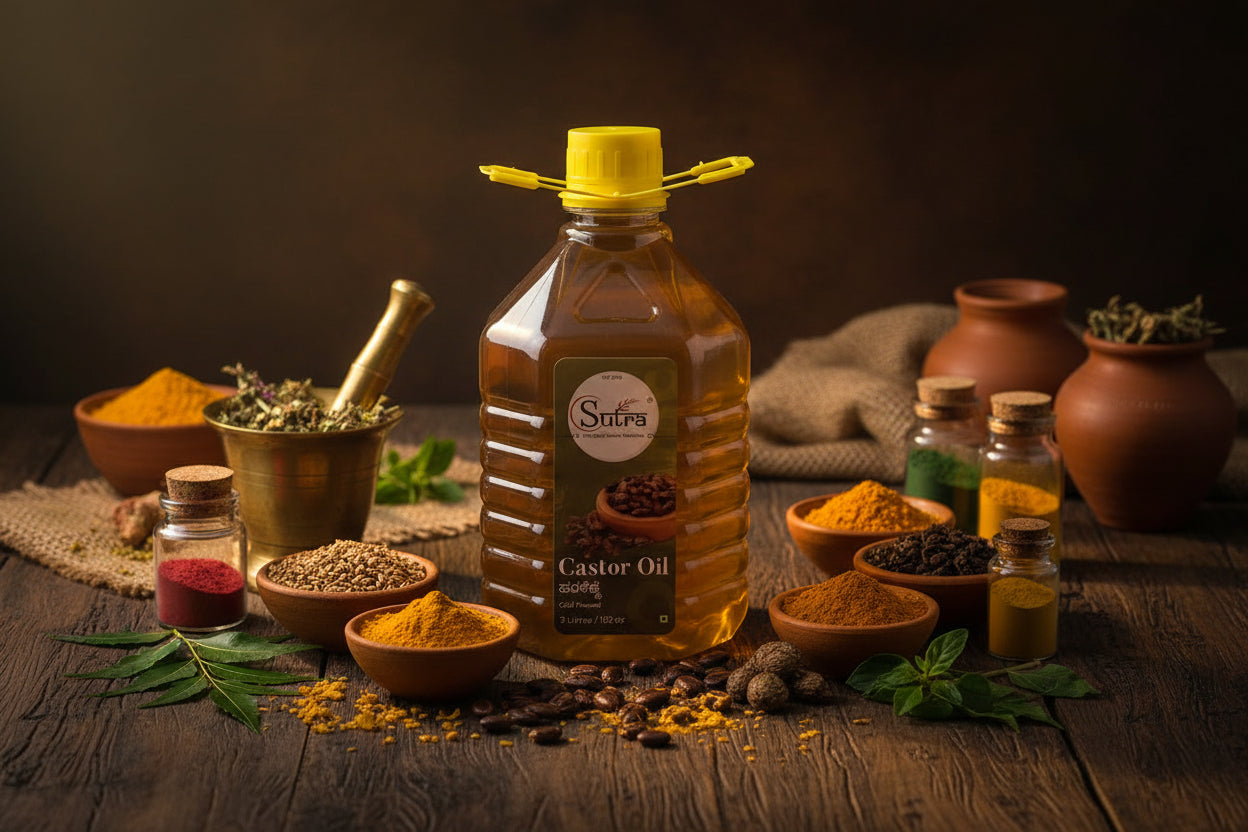 Bottle of Sutras Castor Oil with a yellow cap 
