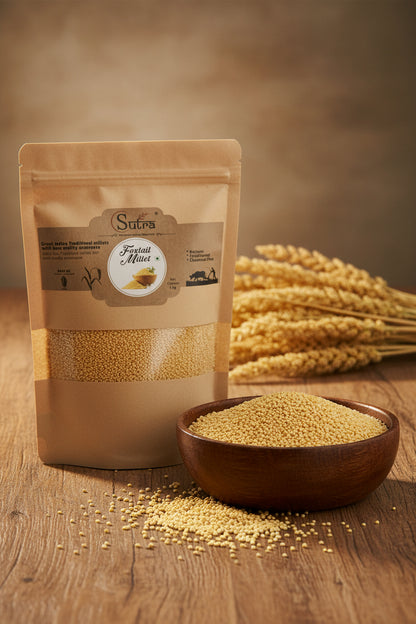 Sutra Natural Foxtail Millet Kangni in eco-friendly packaging, nutrient-rich gluten-free grain.