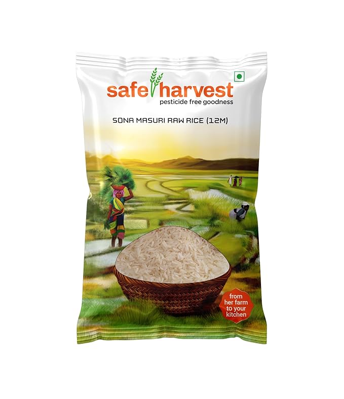 Safe Harvest Sona Masoori Raw Rice 1Kg pouch front view 