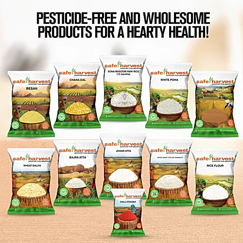 Safe Harvest puffed rice eco-friendly packaging on wooden table