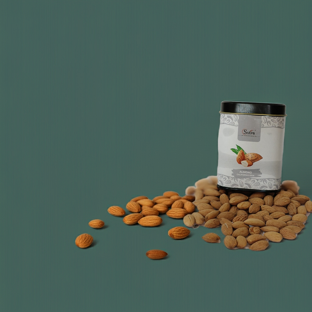Fresh almonds in tin container 