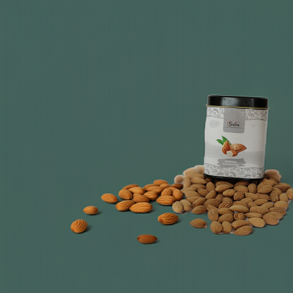 Fresh almonds in tin container 