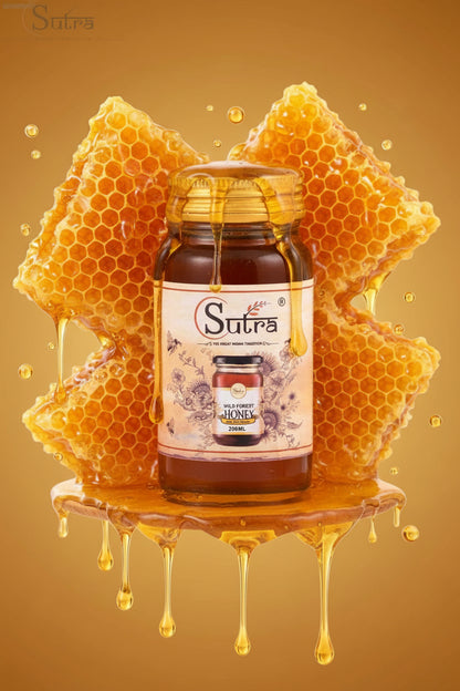 Sutra Wild Forest Honey jar, pure natural honey for health and wellness.