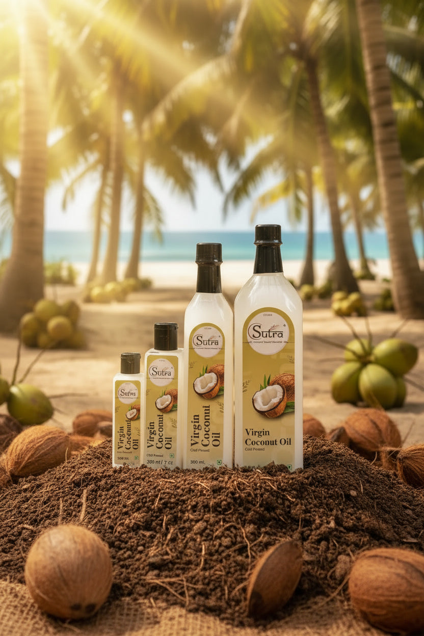 Set of Sutra Virgin Coconut Oil bottles of different sizes 