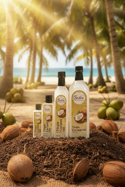 Set of Sutra Virgin Coconut Oil bottles of different sizes 
