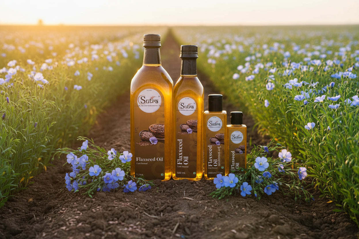 Set of Sutra flaxseed oil bottles of different sizes 