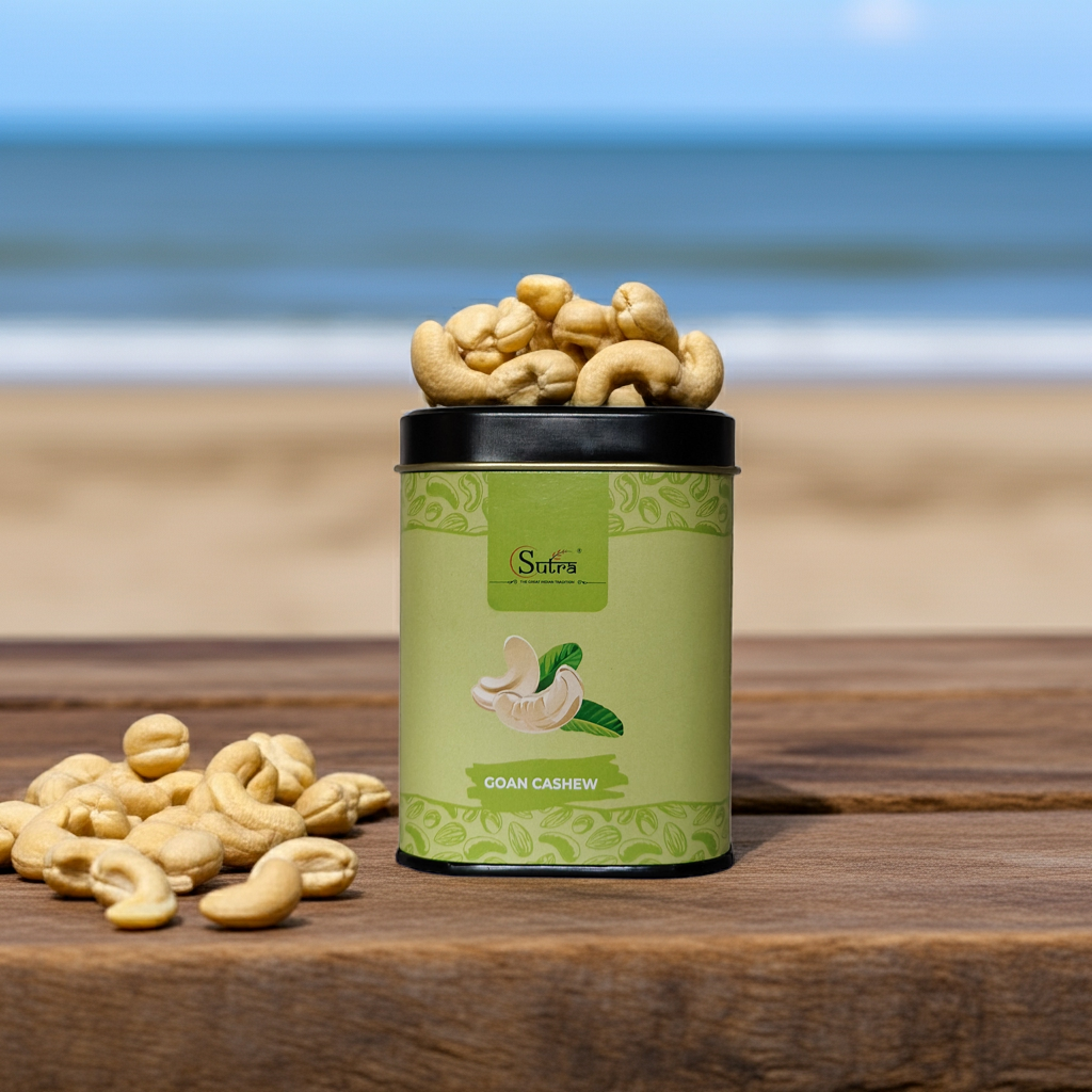 Sutra Goan Cashew Nuts in Tin | Premium W240 Kaju | Natural, Fresh & Crunchy Dry Fruit Snack | Healthy - 75gm