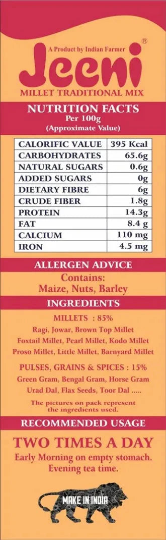 Jeeni Traditional Mix Adult 500g packaging with nutritional information and ingredients list.