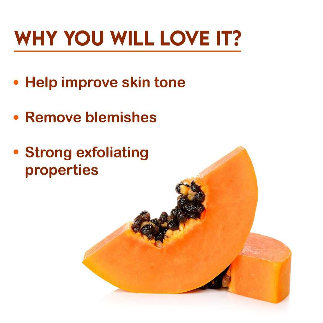 Jovees Papaya Face Wash benefits, showing papaya slices and text highlighting improved skin tone, blemish removal, and exfoliating properties.
