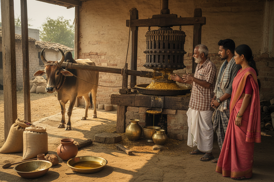 Traditional Cold pressed extraction with bull driven and person training people  